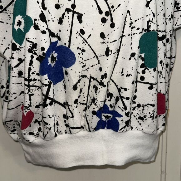 Vtg 70s/80s Jessica Scott Floral Print Black Paint Splatter Cap Sleeve Knit Top - Picture 3 of 7